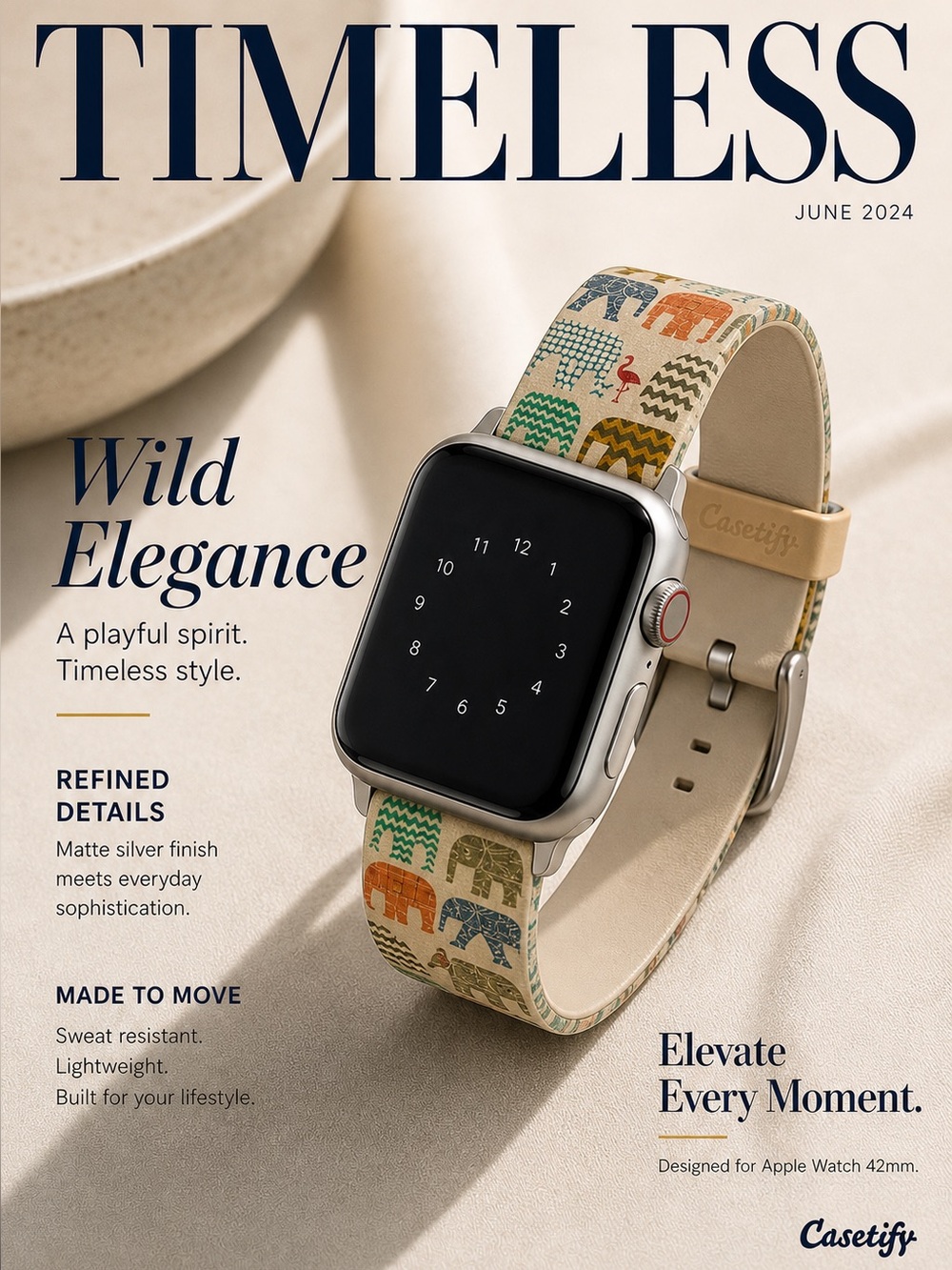 Casetify Elephant Print Apple Watch Band 42mm Matte Silver Buckle